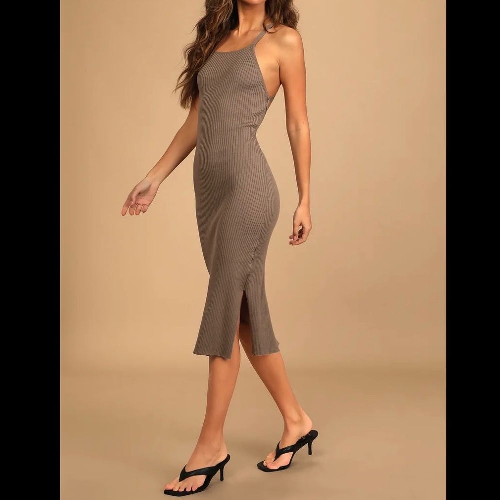 Laya Taupe Ribbed Lace-Up Midi Dress